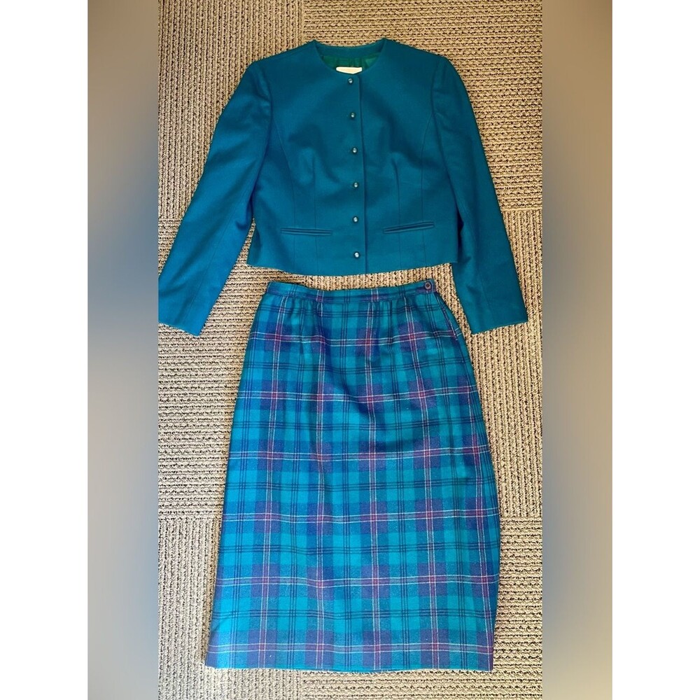Pendleton Teal Blue Wool Blazer & Plaid Skirt Set/Two-Piece Suit